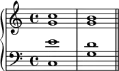 \new PianoStaff <<
\new Staff <<
\new Voice \relative c'' {
\stemUp \clef treble \key c \major \time 4/4
c1 b
}
\new Voice \relative c'' {
\stemDown
g1 g
}
>>
\new Staff <<
\new Voice \relative c' {
\stemUp \clef bass \key c \major \time 4/4
e1 d
}
\new Voice \relative c {
\stemDown
c1 g' \bar "||"
}
>>
>>
