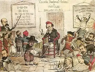 Cartoon depicting Pi i Margall as a tired schoolteacher, surrounded by rowdy children representing the different regions and political factions of Spain