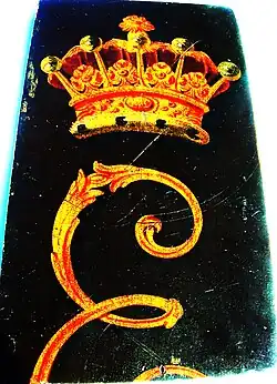 The outside facing side of the panel from the coach in which the 10th Earl travelled during the Mungo Campbell incident.