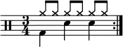 
    \new Staff <<
       \new voice \relative c' {
           \clef percussion
           \numericTimeSignature
           \time 3/4
           \set Score.tempoHideNote = ##t \tempo 4 = 100
           \stemDown \repeat volta 2 { g4 d' d }
       }
       \new voice \relative c'' {
           \override NoteHead.style = #'cross
           \stemUp \repeat volta 2 { a8[ a] a[ a] a[ a] }
       }
   >>