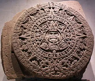 Aztec calendar stone; 1502–1521; basalt; diameter: 358&nbsp;cm (141 in.); thick: 98&nbsp;cm (39 in.); discovered on 17 December 1790 during repairs on the Mexico City Cathedral; National Museum of Anthropology (Mexico City). The exact purpose and meaning of the Calendar Stone are unclear. Archaeologists and historians have proposed numerous theories, and it is likely that there are several aspects to its interpretation[49]