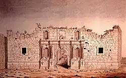 Drawing of a ruined 19th century Mexican church