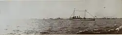 HMS Boadicea flying a courtesy Imperial Russian Navy Ensign during an official visit to Kronstadt in June 1914