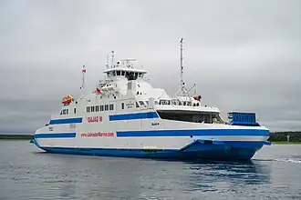 Labrador Marine Roll-on/roll-off cargo, QAJAQ W, leaving the terminal at St. Barbe,[29] Strait of Belle Isle, Newfoundland
