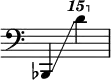 
{
    \override Score.SpacingSpanner.strict-note-spacing = ##t
    \set Score.proportionalNotationDuration = #(ly:make-moment 1/8)
    \override Score.TimeSignature #'stencil = ##f
    \relative c {
        \time 2/4
        \clef bass
        \ottava #0 bes,4 \glissando \ottava #2 d''''     
    }
}
