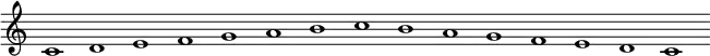 \relative c' {
c1 d1 e1 f1 g1 a1 b1 c1 b1 a1 g1 f1 e1 d1 c1
}
\layout {
\context {
\Staff
\remove Time_signature_engraver
\remove Bar_engraver
}
}
\midi {
\tempo 1 = 120
}