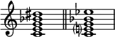 \new Staff \fixed c' {
\omit Staff.TimeSignature
<c e g bes dis'>1 \bar "||" <c e? g bes ees'>
}