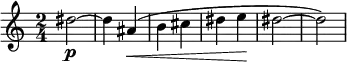  \relative c'' {
    \set Score.tempoHideNote = ##t
    \numericTimeSignature
    \tempo 4 = 160
    \time 2/4
    \set Staff.midiInstrument = #"alto sax"
    dis2\p ~ dis4 ais\< (b cis dis e\! dis2 ~ dis)
 }
