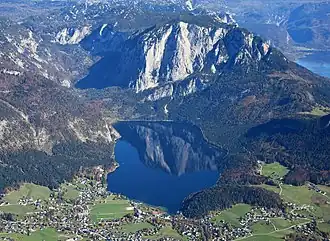A lake surrounded by towering mountains.