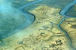 Aerial view of Tutakoke Bird Camp, Coast of the Bering Sea just south of Hooper Bay, near Chevak, Alaska.