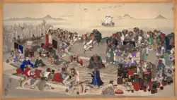 The festivities after the iomante. The villagers regale themselves in carousal and dance. At the head seat (kamiza) nearest the altar sits the shihainin (manager) of the basho system&nbsp;[ja] commerce center. An Ainu-e by Hirasawa Byōzan&nbsp;[ja] (1875).