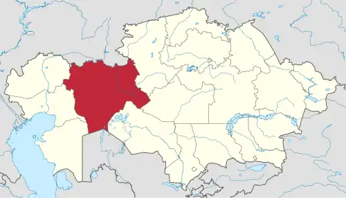 Map of Kazakhstan, location of Aktobe Province highlighted