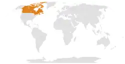 Map indicating locations of Albania and Canada