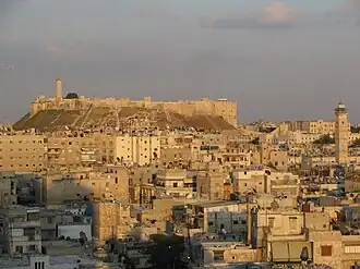 A citadel on top of a hill in the background, a densely-packed neighborhood of residential and public buildings in the foreground