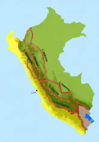 Map of Peru and its cordilleras