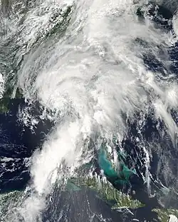 A mid-grade tropical storm prior to moving ashore in Florida's Big Bend region.
