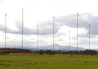 Trideco umbrella antenna of the VLF transmitter at Anthorn military radio station, UK, transmitting at 19.6&nbsp;kHz