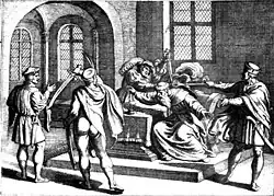 Men with swords attacking a man in a castle
