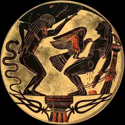 An eagle pecks at the midriff of a tied Prometheus