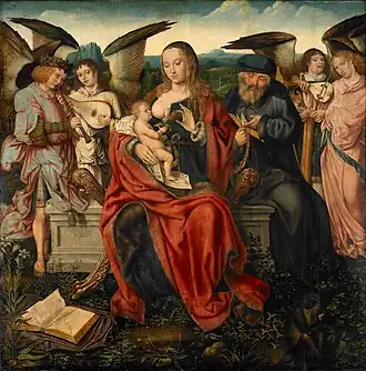 Attributed to the Master of Frankfurt, Holy Family with Music Making Angels, circa 1515, oil on panel, 156.2&nbsp;cm ×&nbsp;155.9&nbsp;cm (61.5&nbsp;in ×&nbsp;61.4&nbsp;in), Walker Art Gallery, Liverpool. This is the central panel of a triptych altarpiece. The two side panels depict two virgin martyrs, St Catherine and St Barbara (now in the Mauritshuis, The Hague).