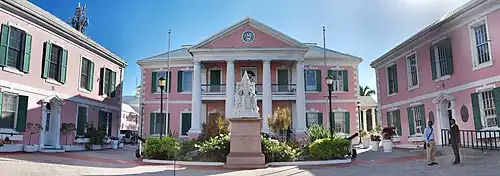 Panorama of three buildings positioned in a U-shape