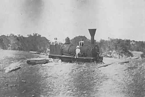 The locomotive Ballarat in the sand at Wonnerup, 1921. Reputed to be the oldest in Western Australia, the engine now sits in St Marys Park, Busselton.
