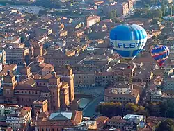 Balloons flying above the Ancient Castle of Ferrara during the Ferrara Balloon Festival