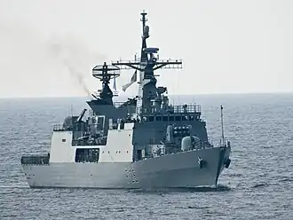 BNS Khalid Bin Walid (F-25) guided missile frigate at sea.