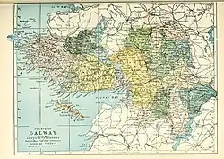 Barony map of County Galway, 1900; Tiaquin is in the northeast, coloured green.