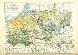 Barony map of County Limerick, 1900; Kilmallock is in the south, coloured yellow.