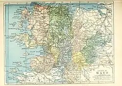 Barony map of County Mayo, 1900; Kilmaine is in the south, coloured pink.