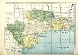 Barony map of County Waterford, 1900; Glenahiry is coloured yellow, in the north.