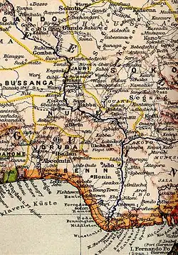 Bussa (underlined, upper-left of centre) on an 1899 map of the Niger river