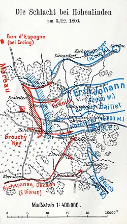 Map shows the Battle of Hohenlinden with the French in red and the Austrians in blue.
