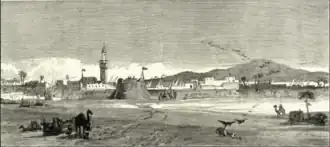 Drawing of a fort and camels, with a hill in the distance