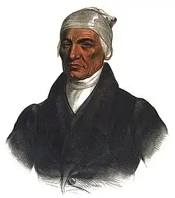 Painting of Black Hoof in American-style clothing but wearing a Shawnee turban