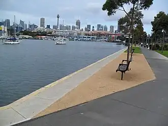 Blackwattle Bay view from end of Cook Street, Glebe Point, across to Sydney Fish Market and Sydney CBD