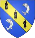 Coat of Arms: A Yellow diagonal Stripe containing 3 Monks, on top of a Blue Field, with 2 Silver Dolphins in the bottom-left and top-right hand corners