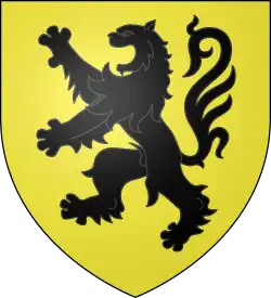 A yellow shield with a black lion rampant