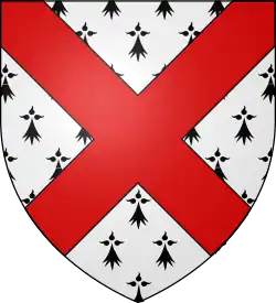 A shield of arms showing a red saltire on ermine ground