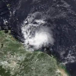 A satellite image of a tropical storm off the northeast coast of South America