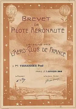 Balloon pilot's licence issued by the Aéro-Club de France to Mr. Tissandier in 1904.