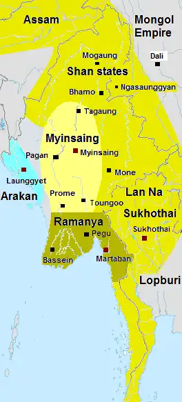 Map of Burma in 1310 (during the Myinsaing kingdom). Launggyet dynasty of Arakan is seen on the western part.