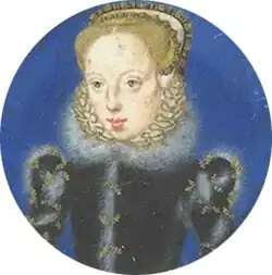 Katherine Grey, Countess of Hertford by Levina Teerlinc, c. 1555-1560.[21] The Victoria and Albert Museum, P.10&A-1979