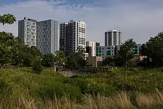 Campustown as seen from Scott Park in 2024.