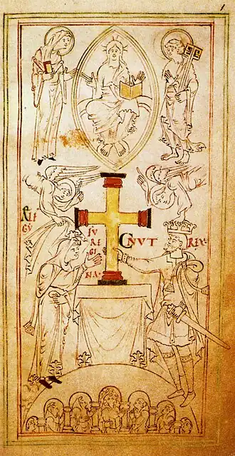 Angels crowning Canute the Great as he and his wife Ælfgifu of Northampton present the Winchester Cross to the church, dated 1031