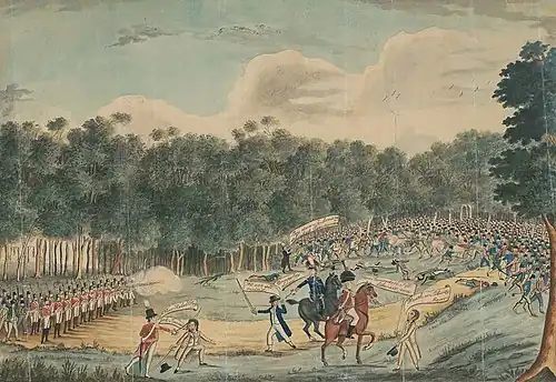 Early-19th-century painting of soldiers in a field engaging a group of men standing on a small rise