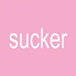 The word "sucker" written in white lowercase, low-resolution Arial Narrow font on a light pink background.