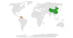 Map indicating locations of China and Venezuela