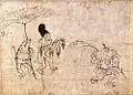 Fragment from the first scroll Detail, depicting a frog holding a lilypad over a monk's head. Tokyo National Museum